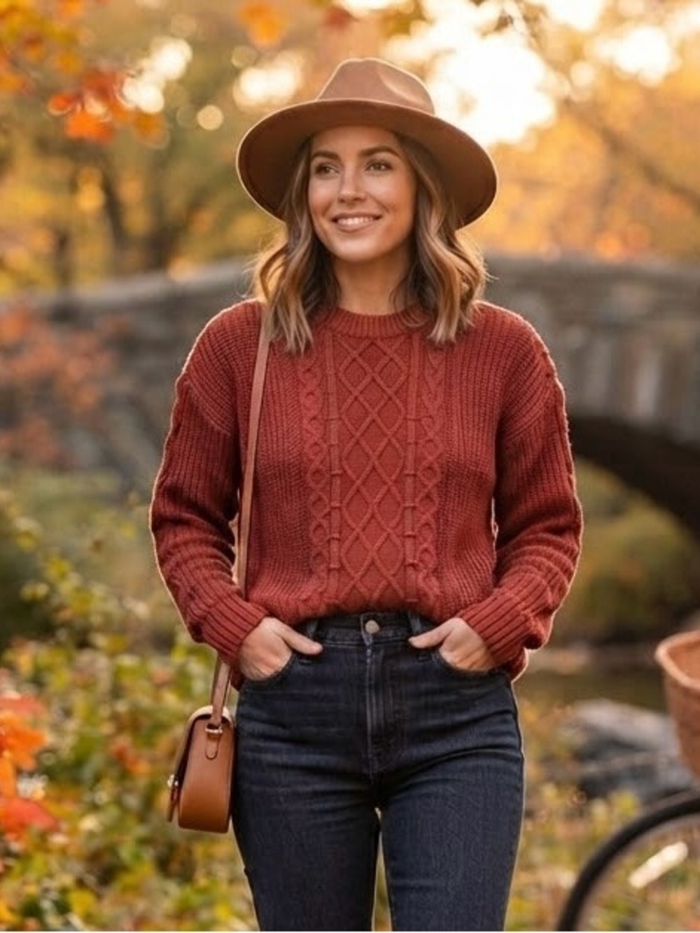 Northern Reflections Rust Orange Brick Red Cable Knit Crewneck Fisherman Sweater